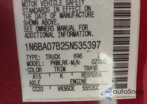 2005 Nissan Titan Xe z USA, uszkodzony, nr VIN 1N6BA07B25N535397